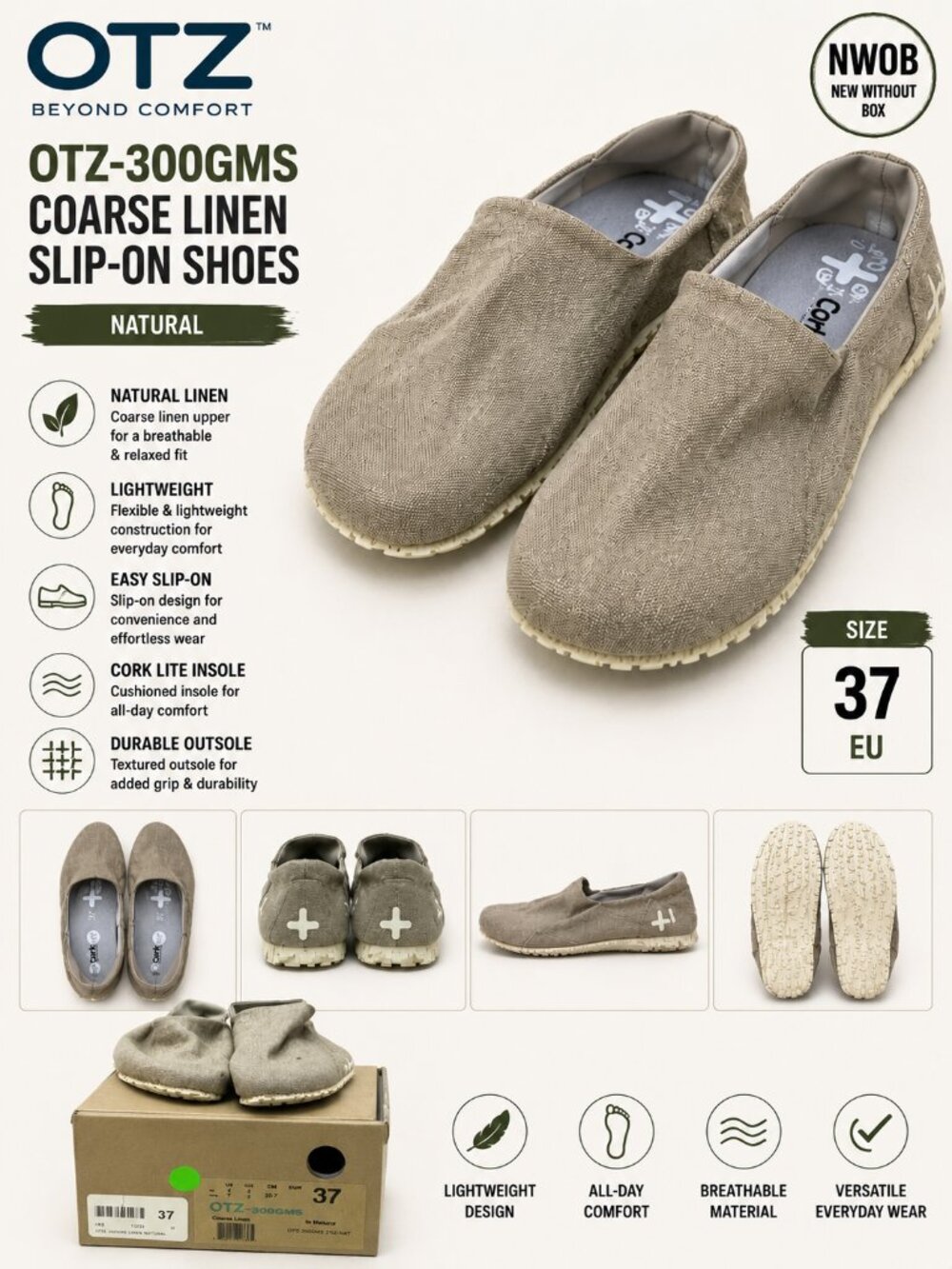 OTZ Shoes OTZ-300GMS Coarse Linen Slip-On Natural Size 37 NWT
